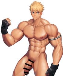 1boy abs armband armpits balls bara beefy big_areola big_breasts big_penis blonde_hair blue_eyes blush breasts broad_shoulders collarbone completely_nude earrings eyebrows_visible_through_hair fingerless_gloves frown gay gloves half-erect happy_trail hi_res huge_breasts huge_cock hunk looking_at_viewer male male_breasts male_only manly mature_male meisho_hanten muscles muscular muscular_arms muscular_male navel oppai original original_character pecs penis pubic_hair retracted_foreskin short_hair six_pack slim_waist solo standing thick_arms thick_neck thick_penis tough_guy triceps uncircumcised uncut veiny_penis very_high_resolution white_background wide_eyed yaoi