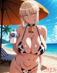 1girls ai_generated artoria_pendragon beach blodne_hair breasts cow_print_bikini fate_(series) female huge_breasts milk nyxworks saber saber_alter solo swimwear yellow_eyes