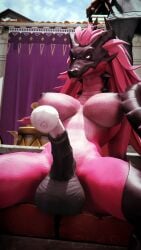 2_horns 3d_(artwork) agape_(petruz) animal_genitalia animal_penis anthro balls big_balls big_breasts black_balls black_clothing black_legwear black_nipples black_thigh_highs blue_sky breasts breasts_apart clothing day digital_media_(artwork) dragon equine_genitalia equine_penis erection genitals glowing glowing_eyes gynomorph hair hi_res horn intersex legwear long_hair looking_at_viewer mythological_creature mythological_scalie mythology nipples non-mammal_breasts non-mammal_nipples nude_anthro nude_gynomorph nude_intersex penis pink_body pink_hair pink_scales pink_sclera pupils scales scalie sitting sky slit_pupils solo spread_legs spreading tail thenicedragon thigh_highs tongue tongue_out watermark