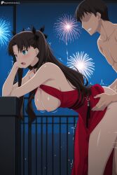1boy aerial_fireworks ai_generated bangs black_hair blush breasts digitalwaifugallery fate/stay_night female fireworks hair_ribbon hi_res high_quality high_resolution large_breasts long_hair night nipples open_mouth patreon red_dress ribbon seductive sex sex_from_behind sexy standing straight tohsaka_rin two_side_up uncensored watermark