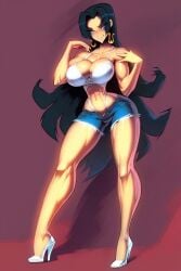 1girls abs ai_generated big_breasts black_hair blue_eyes boa_hancock female female_focus female_only fit_female gigiti jean_shorts large_breasts long_hair looking_at_viewer male male/female muscles muscular muscular_female one_piece shounen_jump solo solo_female