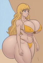 abs ai_generated beach bikini blonde_hair bubble_butt hyper hyper_ass hyper_breasts massive_ass massive_breasts nipple_bulge rwby shiin_(ai_generated) yang_xiao_long