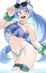 1girls bikini blue_eyes blue_hair boku_no_hero_academia bracelet curvy furin0241 light-skinned_female light_skin my_hero_academia necklace nejire_hado sunglasses swimsuit thigh_strap white_background