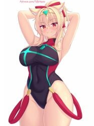 armpits arms_up big_breasts blonde_hair breasts cat_ears catgirl cosplay one-piece_swimsuit ponytail pyra_(pro_swimmer)_(xenoblade) swimsuit tagme thick_thighs tiffy tiffynyaa xenoblade_(series) xenoblade_chronicles_2