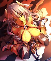 animal_ear barbecue_(artist) breasts bukkake chains collar copyright_request cow_accoutrements cow_ear cow_girl cow_print cum cum_on_body cum_on_breasts cum_on_upper_body earrings elbow_gloves facial gloves horns jewelry looking_at_viewer moo_bitch nipples open_mouth thighhighs