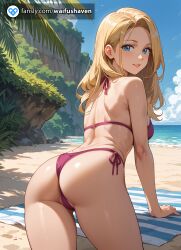 ai_generated ass ass_focus ass_view b_cup bb_cup beach bikini bkini_model blonde_hair blondee_hair blue_eyes breasts c_cup cc_cup female in_public inpublic long_hair petite solo viewer_pov young