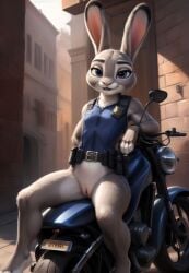 absurd_res ai_generated anthro belt bottomless bottomless_female brick_wall casual_exposure city city_background clothed clothing disney ears_up female hi_res judy_hopps lagomorph leporid looking_at_viewer lounging mammal motorcycle police_uniform public public_exposure rabbit sitting smile smug solo spread_legs spreading topwear uniform vehicle vest wall_(structure) wolf552906 zootopia