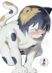 2025 absurd_res anthro bent_legs blonde_hair blue_body blue_fur blue_hair blush censored censored_genitalia censored_penis clothed clothing crouching domestic_cat ejaculation embarrassed erection felid feline felis fingers fur genitals hair hands-free hi_res humanoid_genitalia humanoid_penis japanese_description male mammal moobs nipples nude_male open_mouth overweight overweight_male p1c0_p1c0 penis serious simple_background solo white_background white_body white_fur yellow_body yellow_fur