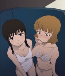 2girls aiko_tokosumi arm_at_side artist_request bikini blush bokurano brown_hair chizuru_honda flat_chest hand_up hip_bones looking_up male_pov mole mole_under_eye one-piece_swimsuit short_hair sidelocks striped_bikini sweatdrop teenage_girl teenager