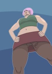 1futa closed_eyes full_color fully_clothed futanari no_panties no_sex original original_character pink_hair skirt sole_futa spandex viewed_from_below