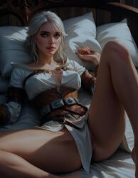 ai_generated ass bed bedroom ciri clothing female green_eyes light-skinned_female looking_at_viewer mascara no_panties rekano33 scar solo spread_legs the_witcher_(series) the_witcher_3:_wild_hunt white_hair