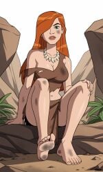 ai_generated barefoot ben_10 ben_10_ultimate_alien bigmic145 bone_necklace breasts cavewoman cleavage dirty dirty_feet feet female female_focus female_only ginger ginger_hair gwen_tennyson gwen_tennyson_(alien_force) gwen_tennyson_(ultimate_alien) hair_over_one_eye jurassic loincloth long_hair medium_breasts orange_hair ripped_clothing single_bare_shoulder