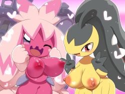 2girls anthro areola areolae big_breasts breasts female female_only game_freak huge_breasts lets0020 mammal mawile nintendo nipples pink_areola pink_body pink_nipples pink_skin pokémon_(species) pokemon pokemon_(species) sagging_breasts smile tinkaton yellow_body yellow_skin