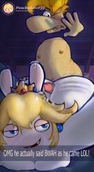 1boy 1girls anthro ass bajaboobey big_butt bodily_fluids caught_off_guard crossover cum cum_in_hair duo female genital_fluids hair hi_res hot_dogging humanoid male male/female mario_(series) mario_plus_rabbids_kingdom_battle nintendo rabbid_peach raving_rabbids rayman rayman_(series) selfie sex snapchat ubisoft