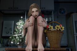 1girls 3d aerith_gainsborough blender brown_hair christmas_tree enigmaj feet female_focus female_only final_fantasy final_fantasy_vii final_fantasy_vii_remake flower flower_basket hands_on_legs light-skinned_female looking_at_viewer no_panties nude_female pussy red_fingernails red_lipstick sitting_on_table solo_female