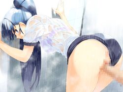 ass blue_hair buruma buruma_aside censored game_cg gym_uniform itsuki_aoba long_hair penis ponytail pussy sex shower soshite_ashita_no_sekai_yori steam tied_hair ueda_ryou vaginal_penetration very_long_hair wet wet_clothes