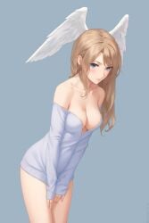 areola_slip blue_eyes breast_tattoo breasts brown_hair earrings eunie_(xenoblade) female grey_background head_wings hoop_earrings jewelry large_breasts leaning_forward long_hair looking_at_viewer miura-n315 naked_sweater off_shoulder sleeves_past_wrists solo sweater tattoo white_sweater white_wings wings xenoblade_(series) xenoblade_chronicles_3