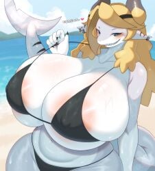 1girls beach big_breasts bikini blush breasts busty curvy english_text female female_only giant_breasts gigantic_breasts haiyan huge_breasts large_breasts massive_breasts navel shark shark_girl shark_tail swimsuit voluptuous