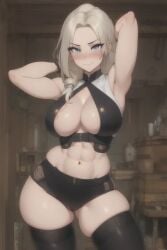 1girls abs ai_generated big_breasts blonde_female blonde_hair blush cleavage eyelashes eyeshadow mature_female mature_woman milf new_game! policewoman ponytail queen_draos small_shorts stockings stockings_thigh_highs thick thick_legs thick_thighs yamato_christina_wako