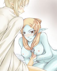 1boy 1girls 2d arms_behind_back blue_skin blush breasts censored censored_penis clenched_teeth clothing cum cum_on_body cum_on_breasts cum_on_upper_body cute_fang female handjob large_breasts link link_(twilight_princess) male male_urethral_insertion microspace midna mosaic_censoring nintendo nude orange_hair penis pointy_ears red_eyes spoilers straight the_legend_of_zelda twili twili_midna twilight_princess urethral_fingering urethral_insertion