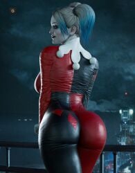 1girls 3d ass ass_focus batman_(series) bodysuit clothed clothed_female dc dc_comics female female_only goldy_3d harley_quinn lipstick looking_back makeup solo solo_female tagme