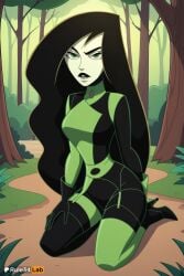 1girls ai_generated artist_name black_bodysuit black_footwear black_gloves black_hair black_lips bodysuit boots breasts colored_skin disney disney_channel forest full_body gloves green_bodysuit green_eyes hi_res high_heels kim_possible kneeling long_hair looking_at_viewer makeup medium_breasts multicolored_bodysuit multicolored_clothes nature outdoors rule34lab shego solo thighhighs tree very_long_hair