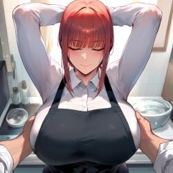 1girls ai_generated apron bangs blunt_bangs blush bra_through_clothes breasts brown_hair chainsaw_man closed_eyes closed_mouth collared_shirt dress_shirt eyebrows_visible_through_hair grabbing_own_breast housewife huge_breasts indoors large_breasts makima_(chainsaw_man) office_lady pov red_hair shirt sidelocks smile white_shirt