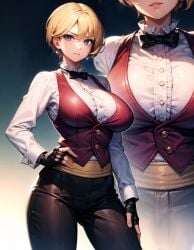 1girls ai_generated big_breasts blonde_hair blue_eyes bow bowtie breasts busty darkmole female gloves huge_breasts king_(snk) king_of_fighters large_breasts light-skinned_female light_skin short_hair voluptuous voluptuous_female wide_hips