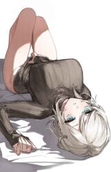 blue_eyes faust_(limbus_company) female female_focus female_only laying_down laying_on_back laying_on_bed limbus_company looking_at_viewer project_moon sweater sweater_only thighs white_hair