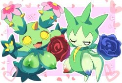 2girls anthro areola areolae big_breasts blue_areola blue_nipples breasts female game_freak green_areola green_nipples green_skin grey_body huge_breasts lets0020 mammal maractus nintendo nipples plant_girl pokémon_(species) pokemon pokemon_(species) red_areola red_nipples roselia sagging_breasts smile