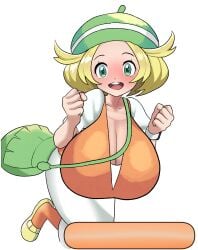 bianca_(pokemon) blonde_hair blush breasts_bigger_than_head card_edit cleavage clothed dress edit female female_only fists_clenched fully_clothed gigantic_breasts green_eyes hands_up happy hat huge_breasts open_mouth pokemon pokemon_bw purse revealing_clothes shirt shoes skirt socks twixbartrix watch