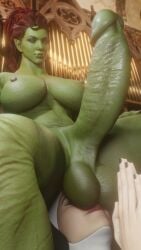 3d 3d_(artwork) balls big_balls big_breasts breasts erection facesitting female femsub futa_focus futadom futanari green_skin habit huge_breasts huge_cock kaylzara nipples nun orc orc_futanari penis praying red_hair