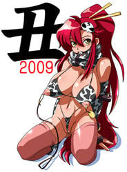 ball_gag bikini blush bondage breasts cameltoe cleavage cow_bikini cow_print fingerless_gloves gag gagged gloves hair_ornament higashiyama_(artist) large_breasts lowres new_year nipple_chain nipple_leash nipple_piercing nippleless_clothes nippleless_clothing nipples piercing pink_legwear pink_socks pink_thighhighs ponytail red_hair scarf socks string_bikini swimsuit tengen_toppa_gurren-lagann tengen_toppa_gurren_lagann thigh_socks thighhighs tied_hair yellow_eyes yoko_littner