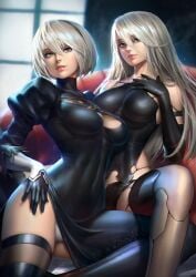 2girls android boots breasts cleavage dress duo female female_only looking_at_viewer neoartcore nier nier:_automata panties posing spread_legs stockings thigh_boots thighhighs thighs upskirt yorha_2b yorha_a2