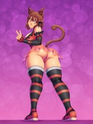 ass catgirl commissioner_upload peace_sign skirt tagme translucent_clothing