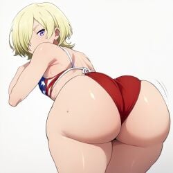 1girls ai_generated american_flag_bikini ass bent_over big_ass bikini blackwhiplash_(style) blonde_hair bubble_butt female flat_chest huge_ass love_live! love_live!_nijigasaki_high_school_idol_club mia_taylor purple_eyes sweat thick_thighs wide_hips