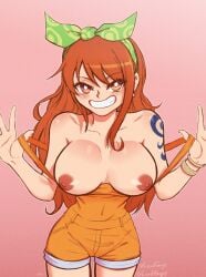 1girls exposed_breasts large_breasts nami nipples one_piece orange_eyes orange_hair overalls partially_clothed solo suspenders_pull tattoo