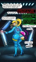 absurdres ass_expansion bimbofication blonde_hair blue_eyes bodysuit comic corruption dialogue female_only femsub gun high_heels huge_ass jessiestartf long_hair metroid_(series) nintendo open_mouth parasite ponytail samus_aran sequence speech_bubble text torn_clothes transformation weapon zero_suit