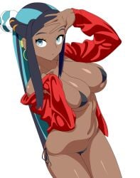 1girls bikini black_hair blue_eyes blue_hair dark-skinned_female dark_skin earrings hair_ornament hoop_earrings long_hair mcdolkun multicolored_hair nessa_(pokemon) pokemon pokemon_ss solo swimsuit two-tone_hair