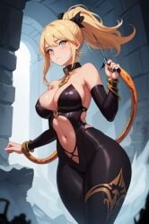 ai_generated big_breasts blonde_hair blue_eyes collar ponytail sleeves tight_clothing