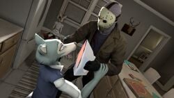 anthro beastars blood bodily_fluids canid canine clothed clothes_iron clothing corpse death female friday_the_13th_(series) fully_clothed gore grabbing_neck group haru_(beastars) hi_res human inside jason_voorhees killing kneeling kyleroo legoshi_(beastars) louis_(beastars) machete male mammal mask melee_weapon scared_expression serial_killer weapon wearing_mask