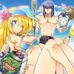 1boy ^^^ blonde_hair breasts cleavage closed_mouth commentary_request dark_magician dark_magician_girl duel_monster female flower hair_flower hair_ornament hat kuriboh long_hair misaka_(missa) no_headwear pot_of_duality pot_of_greed shorts smile staff swimsuit yu-gi-oh! yu-gi-oh!_duel_monsters yuu-gi-ou