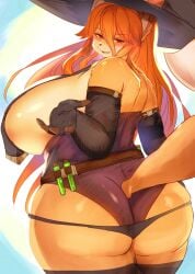 5_fingers anthro ass big_breasts big_butt breasts canid canine clothed clothing curvy_figure female fingers fox hair hat headgear headwear hi_res huge_breasts kakuteki11029 kemono long_hair looking_at_viewer mammal orange_hair original red_eyes solo thick_thighs voluptuous