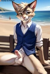 ai_generated artist_signature balls beach beige_fur beige_skin brown_eyes cat_ears feline furry furry_only hi_res highres looking_at_viewer male male_only penis shirt sitting slim smile smiling solo solo_furry solo_male spread_legs stable_diffusion twilove vest young