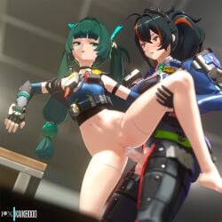 2girls 3d 3d_(artwork) android black_hair blender blush futa_on_female futanari green_eyes green_hair hoyoverse kaikibooo long_hair mihoyo multicolored_hair orange_eyes penis qingyi_(zenless_zone_zero) sex standing uncensored zenless_zone_zero zhu_yuan