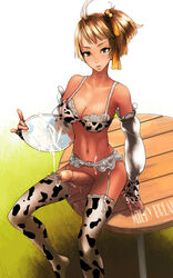 1futa blonde_hair blue_eyes bottomless breasts censored costume cow_print cum ejaculation elbow_gloves futa_only futa_sans_balls futanari garter_belt garters gloves handsfree_ejaculation highres intersex lingerie milk original penis sammohung short_hair sitting solo solo_futa table thigh_highs thighhighs tray underwear