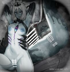 1girls aelion_draws areolae artist_name blue_body blue_eyes blue_skin breasts censor_bar censored censored_pussy female female_only indie_virtual_youtuber long_hair monster_girl nipples nude pierced_nipples piercings pointy_ears solo virtual_youtuber white_hair