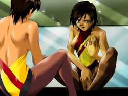 1girls back breast_grab breasts brown_hair censored clothed_masturbation clothing female game_cg leotard masturbation mirror nipples p.s. pantyhose pussy pussy_juice reflection self_fondle solo torn_clothes torn_pantyhose usuda_yoshio