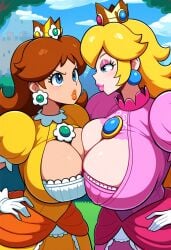 2boys ai_generated angry big_breasts big_lips breasts breasts_squeezed_together cleavage clothing crown dress duo ear_piercing enormous_breasts female flower_earrings huge_breasts human lips lipstick lubbasdump mario_(series) nintendo orange_dress orange_lipstick outdoors pink_dress pink_lipstick pressing_breasts_together princess princess_daisy princess_peach royalty smirk