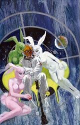 ancient_art cosmic_background cover_art female group human lagomorph leporid male mammal nude pulp_art rabbit retrofuturism robert_bonfils science_fiction space space_background spacesuit the_day_the_universe_came